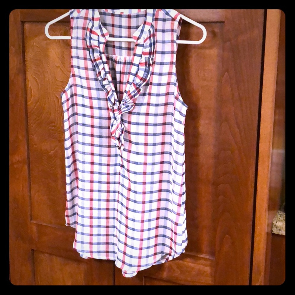 Sleeveless sheer red white and blue blouse